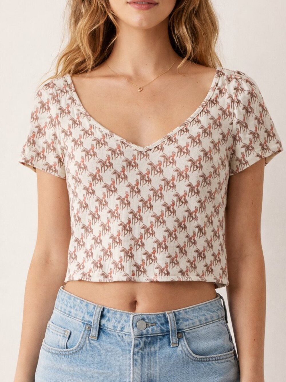 NWT Urban Outfitters Horse Print Short Sleeve Crop Top Size Large